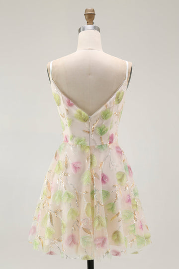Apricot Floral Sequin A Line Mini Party Dress